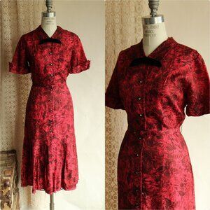 Vintage 1950s Dress with Belt, House of Shroyers Red and Black Floral Print